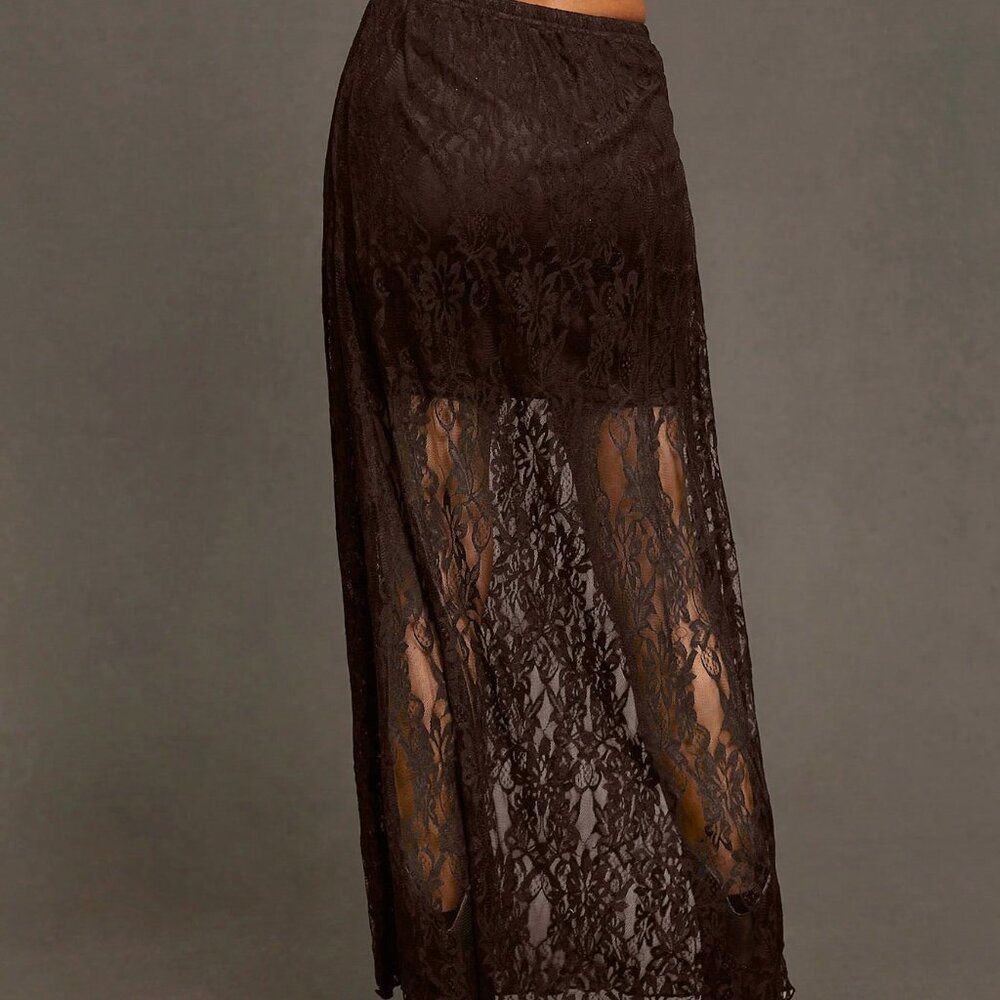 Coffee Brown Elegant Women's Sexy Long Wildflower Lace Skirt - Picture 2 of 6